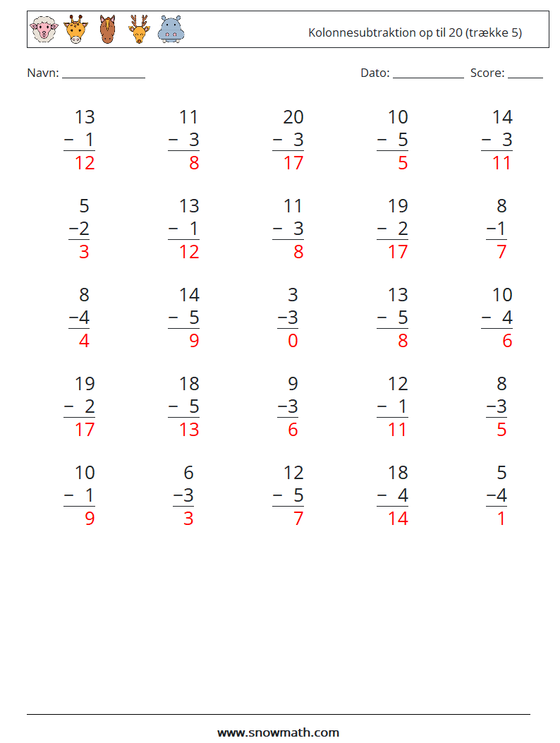 (25) Kolonnesubtraktion op til 20 (trække 5) Matematiske regneark 17 Spørgsmål, svar