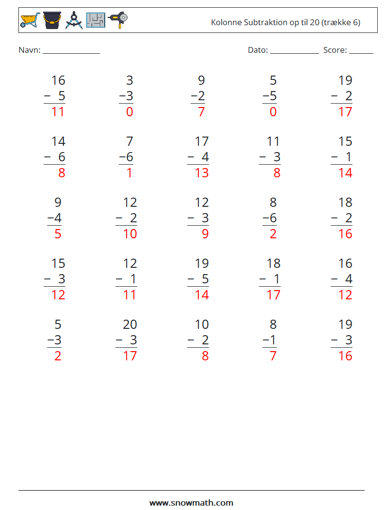 (25) Kolonne Subtraktion op til 20 (trække 6) Matematiske regneark 10 Spørgsmål, svar