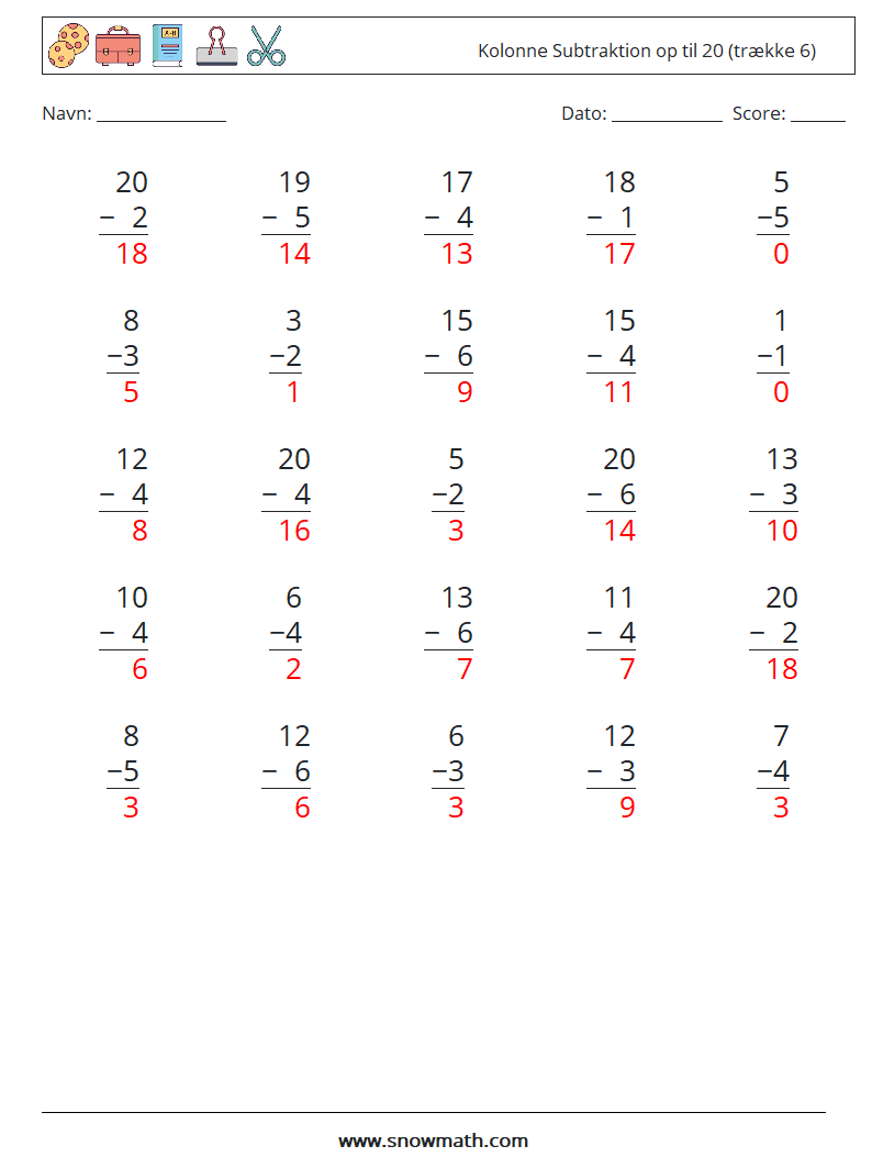 (25) Kolonne Subtraktion op til 20 (trække 6) Matematiske regneark 11 Spørgsmål, svar