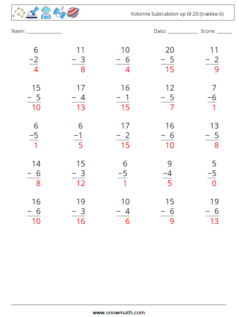 (25) Kolonne Subtraktion op til 20 (trække 6) Matematiske regneark 16 Spørgsmål, svar