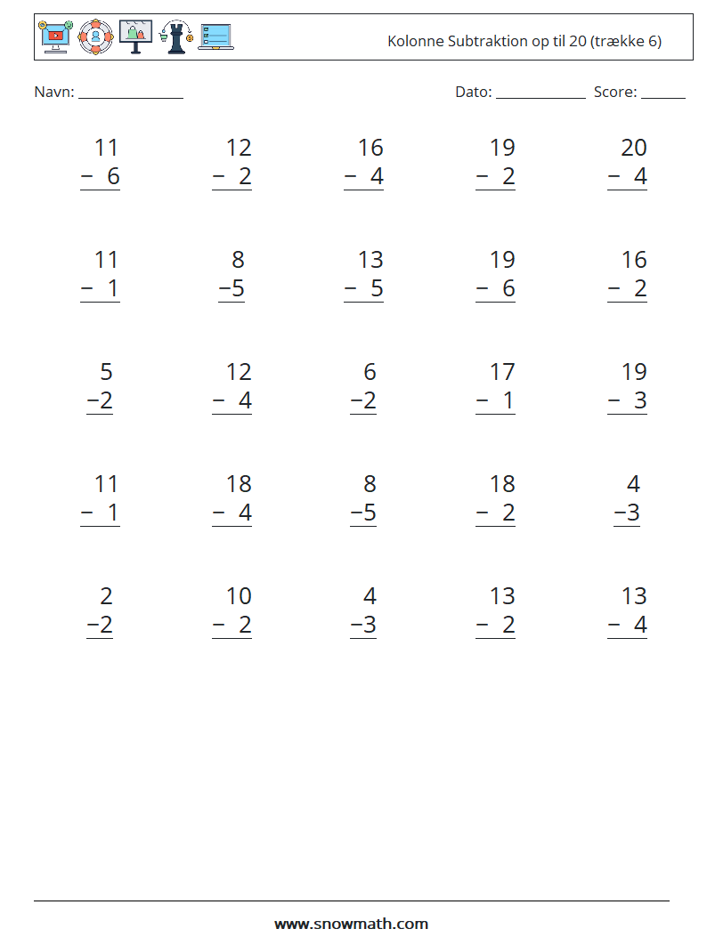 (25) Kolonne Subtraktion op til 20 (trække 6) Matematiske regneark 7