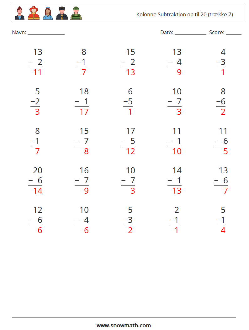 (25) Kolonne Subtraktion op til 20 (trække 7) Matematiske regneark 11 Spørgsmål, svar