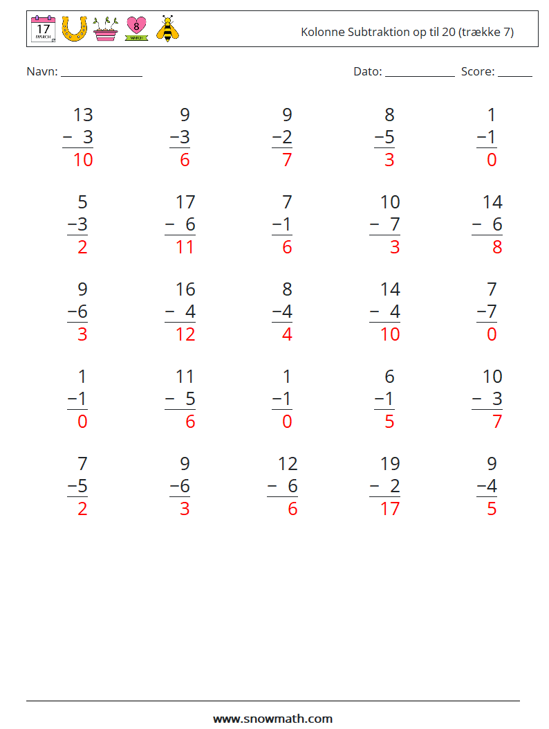 (25) Kolonne Subtraktion op til 20 (trække 7) Matematiske regneark 12 Spørgsmål, svar