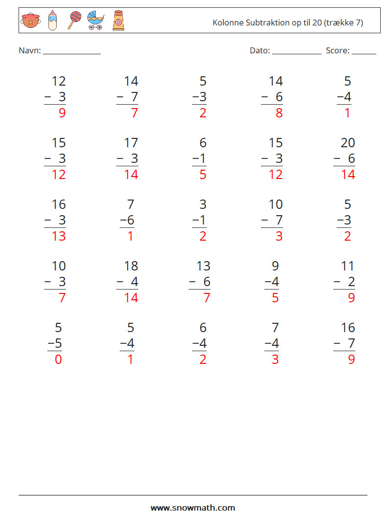 (25) Kolonne Subtraktion op til 20 (trække 7) Matematiske regneark 13 Spørgsmål, svar