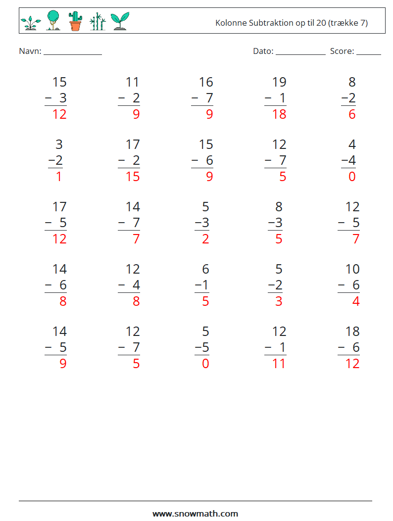 (25) Kolonne Subtraktion op til 20 (trække 7) Matematiske regneark 14 Spørgsmål, svar