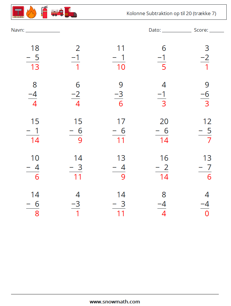 (25) Kolonne Subtraktion op til 20 (trække 7) Matematiske regneark 16 Spørgsmål, svar