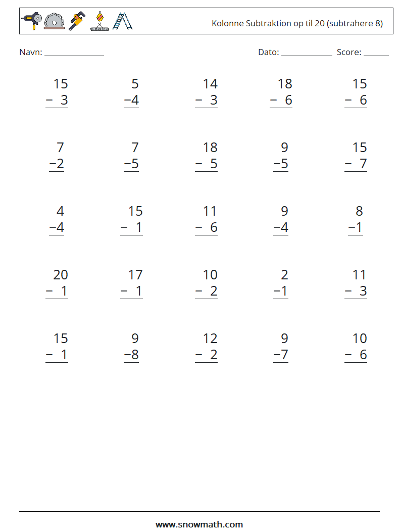 (25) Kolonne Subtraktion op til 20 (subtrahere 8)
