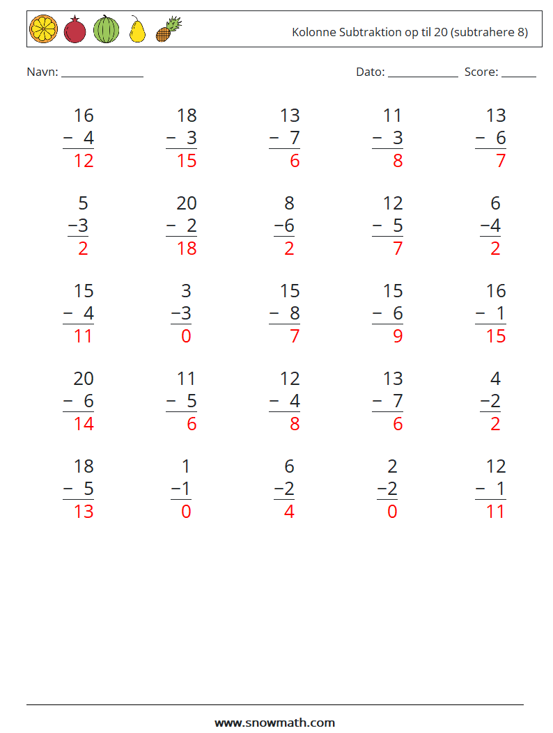 (25) Kolonne Subtraktion op til 20 (subtrahere 8) Matematiske regneark 10 Spørgsmål, svar