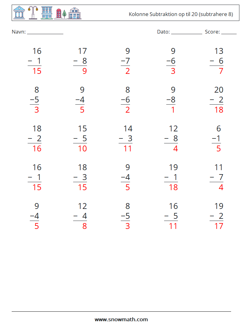 (25) Kolonne Subtraktion op til 20 (subtrahere 8) Matematiske regneark 11 Spørgsmål, svar