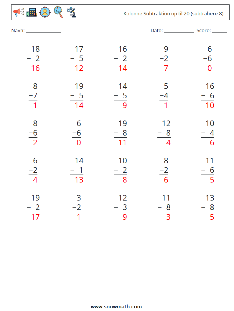 (25) Kolonne Subtraktion op til 20 (subtrahere 8) Matematiske regneark 12 Spørgsmål, svar