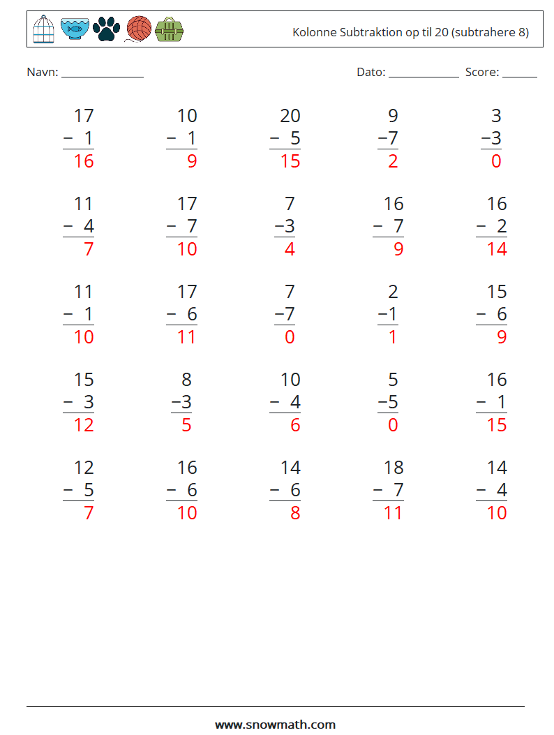 (25) Kolonne Subtraktion op til 20 (subtrahere 8) Matematiske regneark 13 Spørgsmål, svar