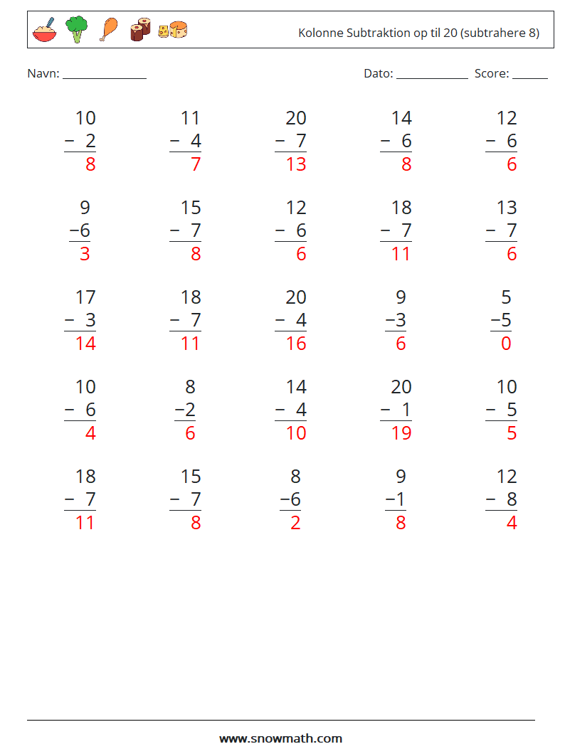 (25) Kolonne Subtraktion op til 20 (subtrahere 8) Matematiske regneark 14 Spørgsmål, svar