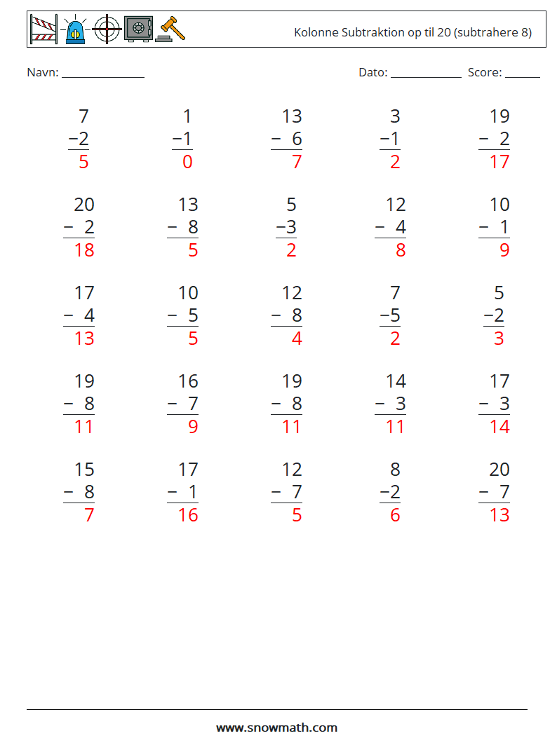 (25) Kolonne Subtraktion op til 20 (subtrahere 8) Matematiske regneark 15 Spørgsmål, svar