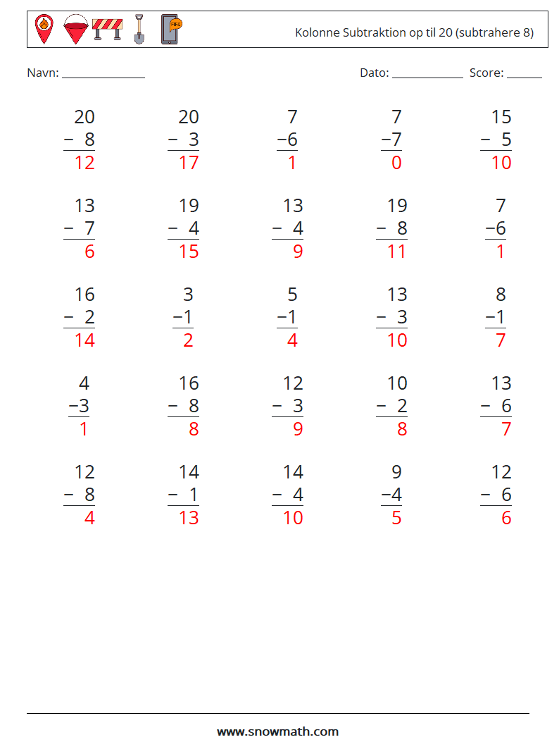 (25) Kolonne Subtraktion op til 20 (subtrahere 8) Matematiske regneark 16 Spørgsmål, svar