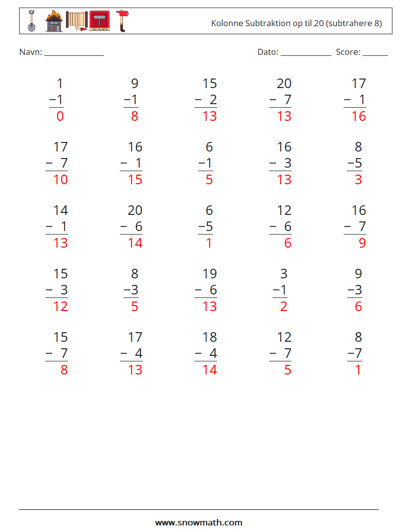 (25) Kolonne Subtraktion op til 20 (subtrahere 8) Matematiske regneark 17 Spørgsmål, svar