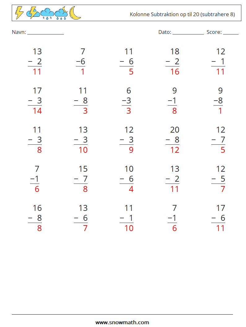 (25) Kolonne Subtraktion op til 20 (subtrahere 8) Matematiske regneark 18 Spørgsmål, svar