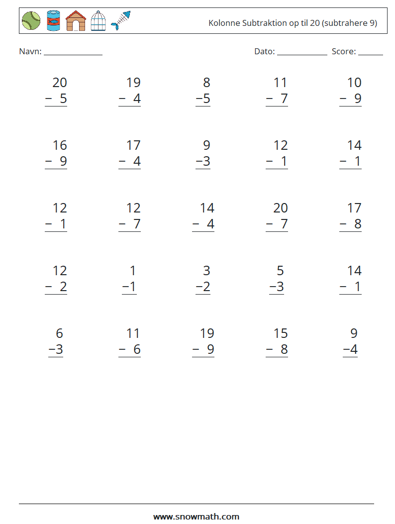 (25) Kolonne Subtraktion op til 20 (subtrahere 9) Matematiske regneark 2