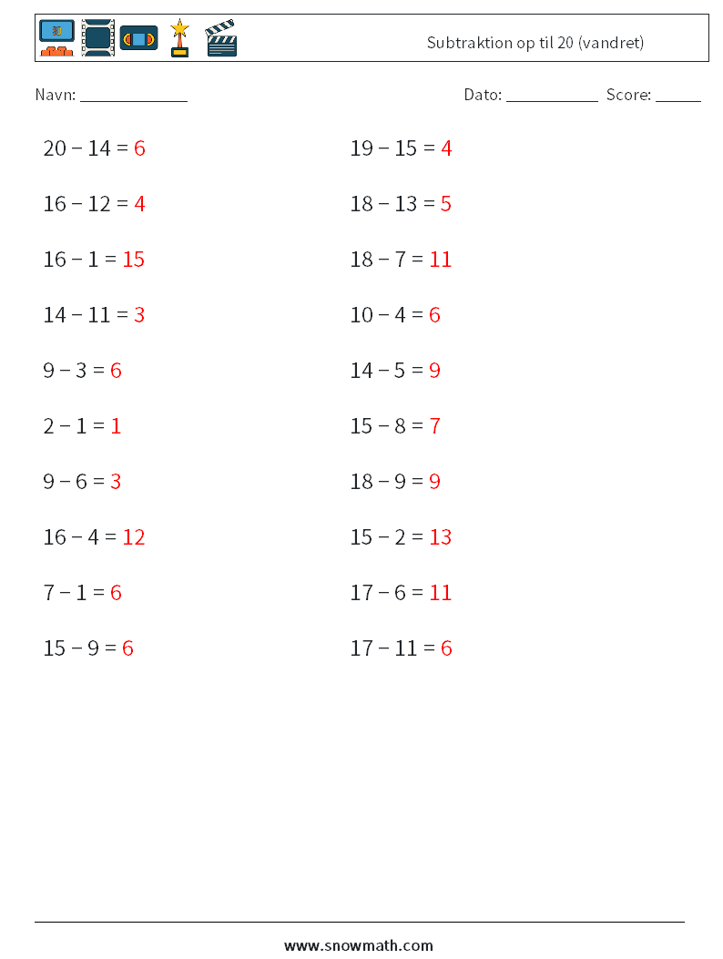 (20) Subtraktion op til 20 (vandret) Matematiske regneark 1 Spørgsmål, svar