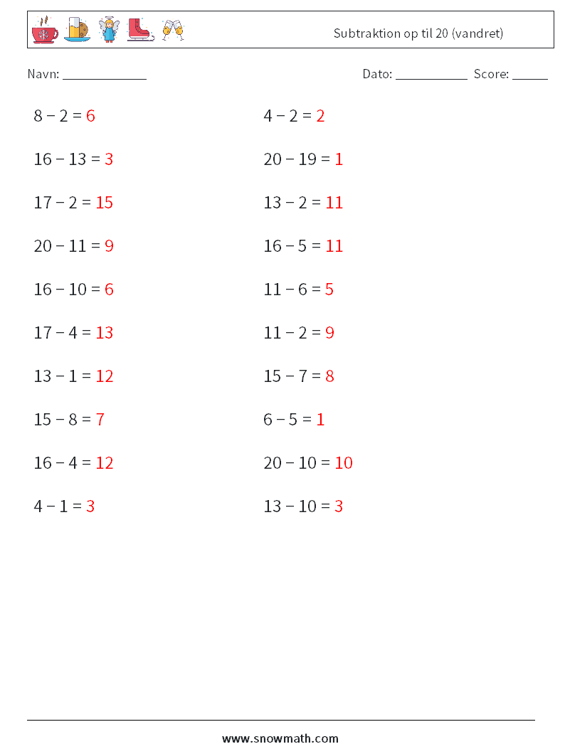 (20) Subtraktion op til 20 (vandret) Matematiske regneark 2 Spørgsmål, svar