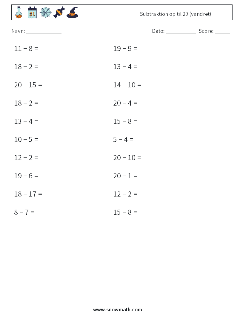 (20) Subtraktion op til 20 (vandret) Matematiske regneark 3