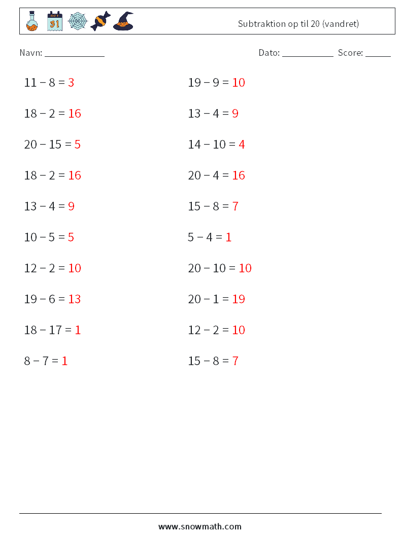 (20) Subtraktion op til 20 (vandret) Matematiske regneark 3 Spørgsmål, svar