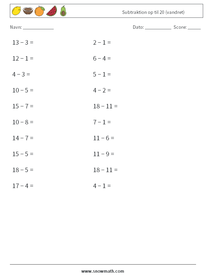 (20) Subtraktion op til 20 (vandret) Matematiske regneark 4