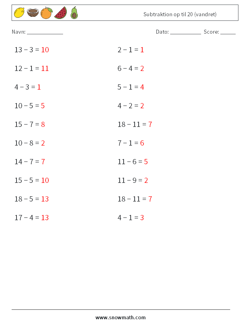 (20) Subtraktion op til 20 (vandret) Matematiske regneark 4 Spørgsmål, svar
