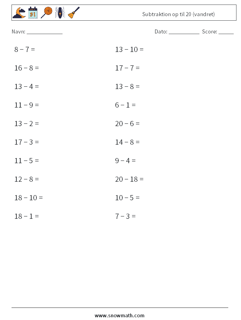 (20) Subtraktion op til 20 (vandret) Matematiske regneark 5