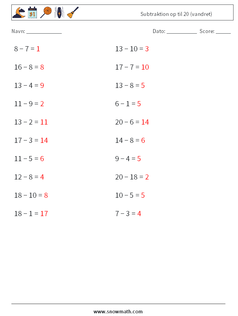 (20) Subtraktion op til 20 (vandret) Matematiske regneark 5 Spørgsmål, svar