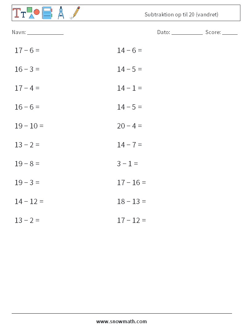 (20) Subtraktion op til 20 (vandret) Matematiske regneark 6