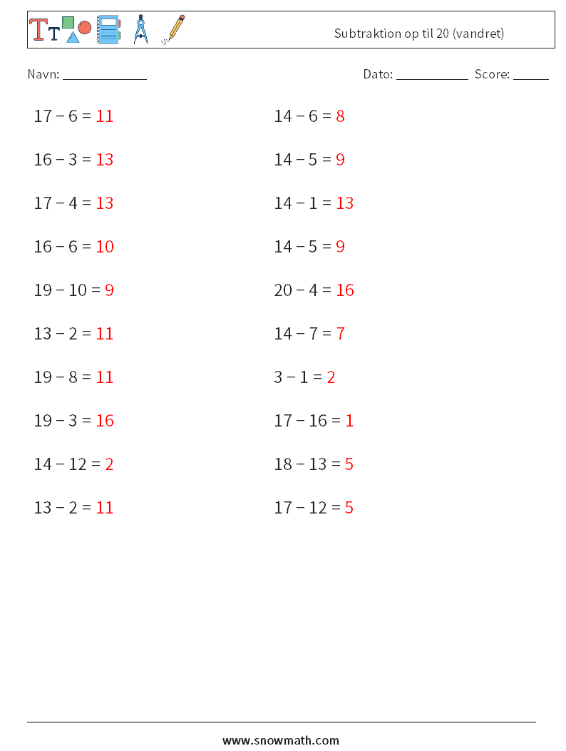 (20) Subtraktion op til 20 (vandret) Matematiske regneark 6 Spørgsmål, svar