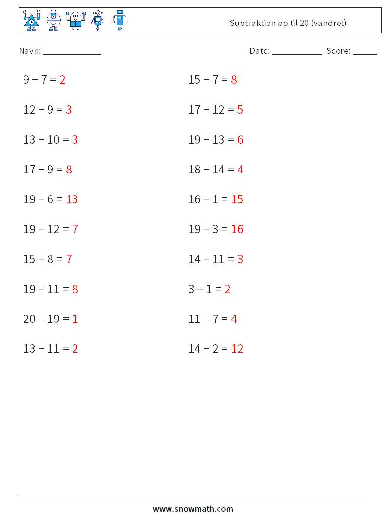 (20) Subtraktion op til 20 (vandret) Matematiske regneark 8 Spørgsmål, svar