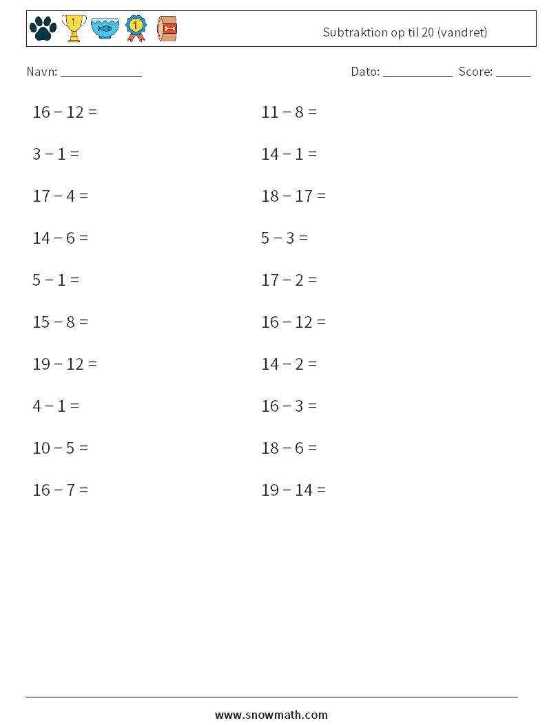 (20) Subtraktion op til 20 (vandret) Matematiske regneark 9