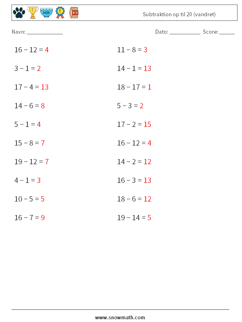 (20) Subtraktion op til 20 (vandret) Matematiske regneark 9 Spørgsmål, svar