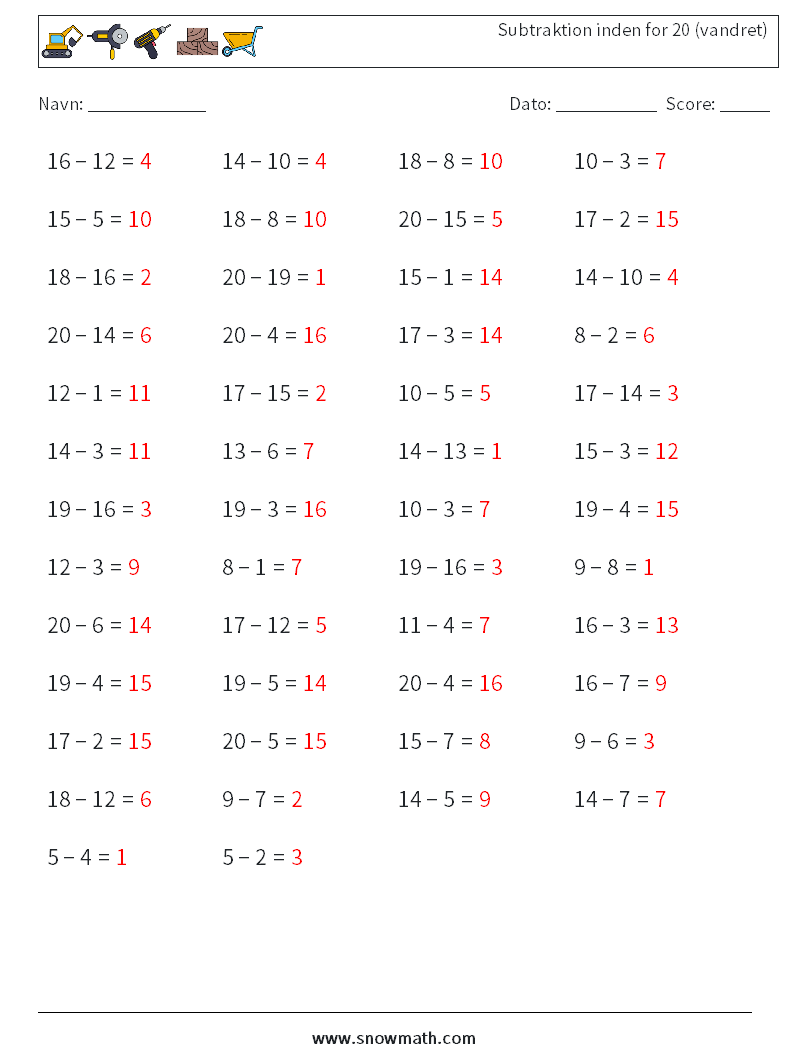 (50) Subtraktion inden for 20 (vandret) Matematiske regneark 1 Spørgsmål, svar