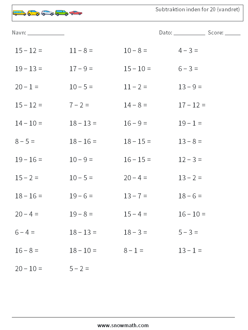 (50) Subtraktion inden for 20 (vandret) Matematiske regneark 2