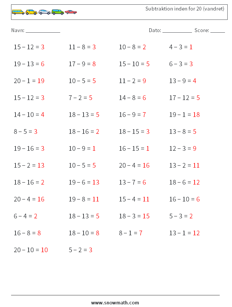 (50) Subtraktion inden for 20 (vandret) Matematiske regneark 2 Spørgsmål, svar