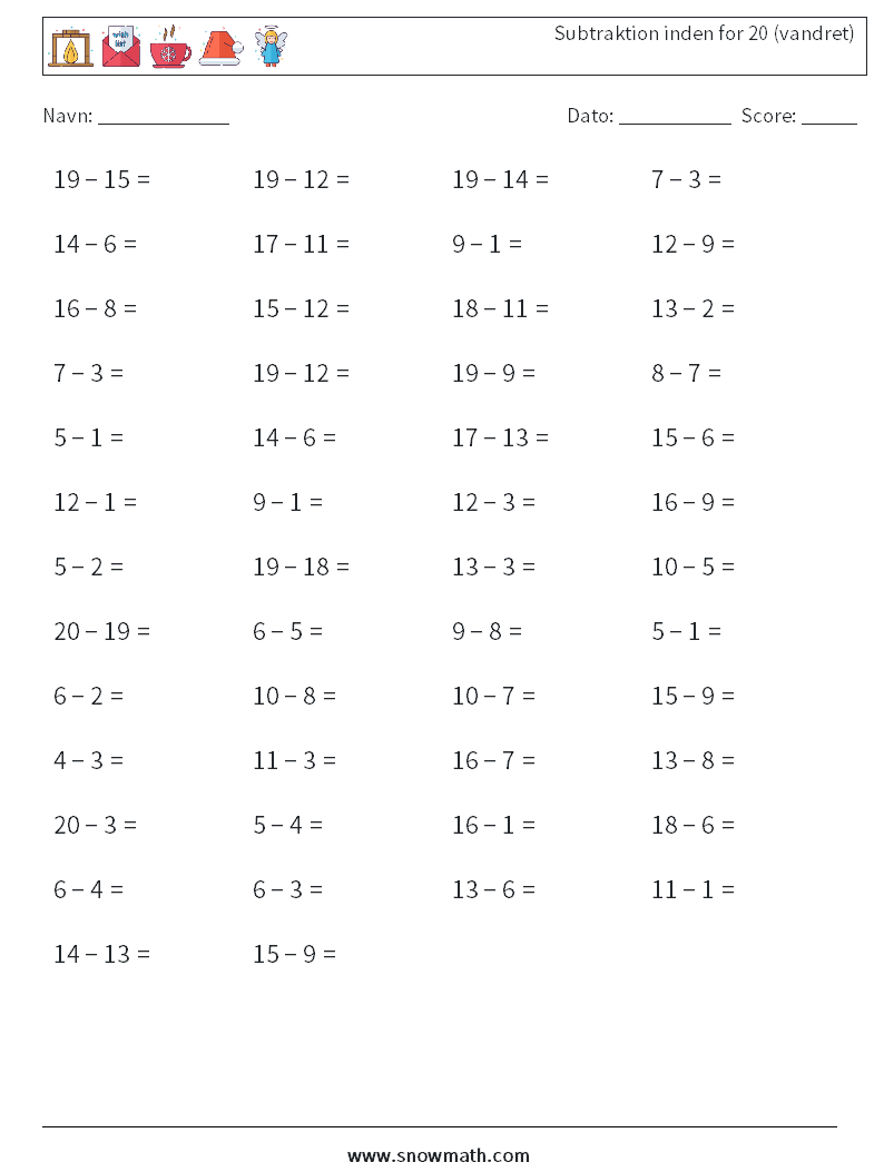 (50) Subtraktion inden for 20 (vandret) Matematiske regneark 3