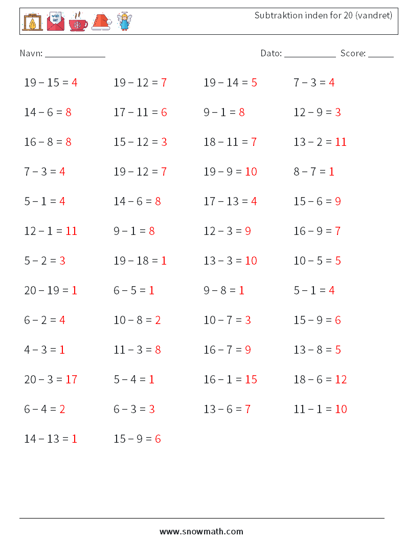 (50) Subtraktion inden for 20 (vandret) Matematiske regneark 3 Spørgsmål, svar