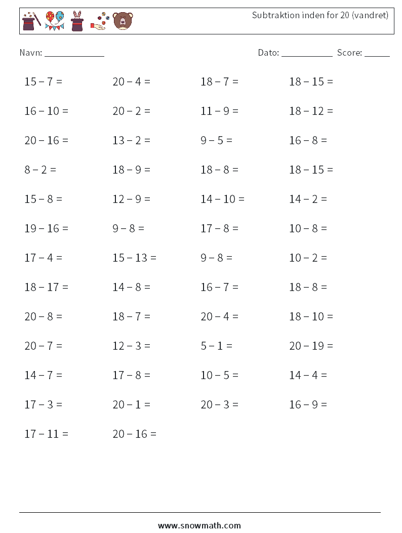 (50) Subtraktion inden for 20 (vandret) Matematiske regneark 4
