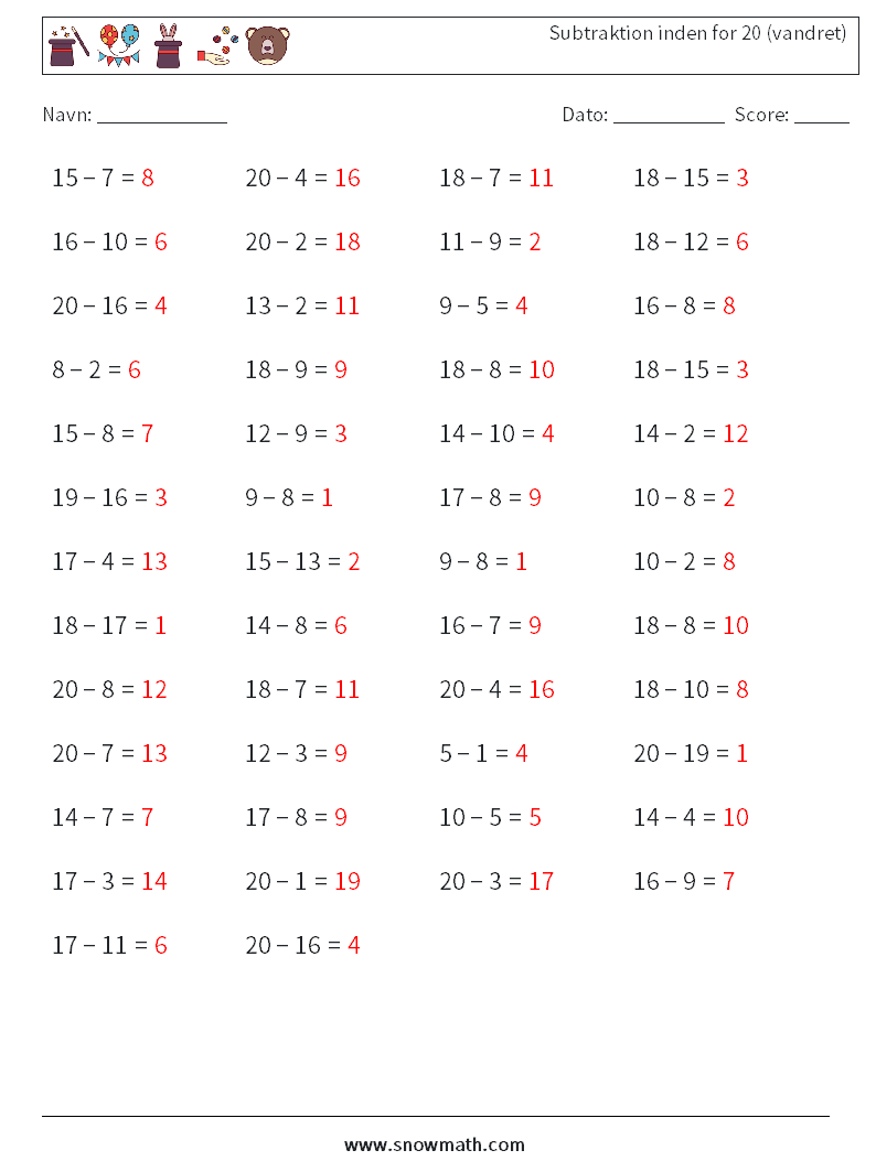 (50) Subtraktion inden for 20 (vandret) Matematiske regneark 4 Spørgsmål, svar