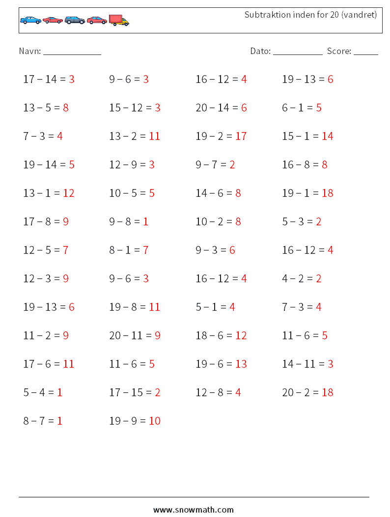 (50) Subtraktion inden for 20 (vandret) Matematiske regneark 5 Spørgsmål, svar