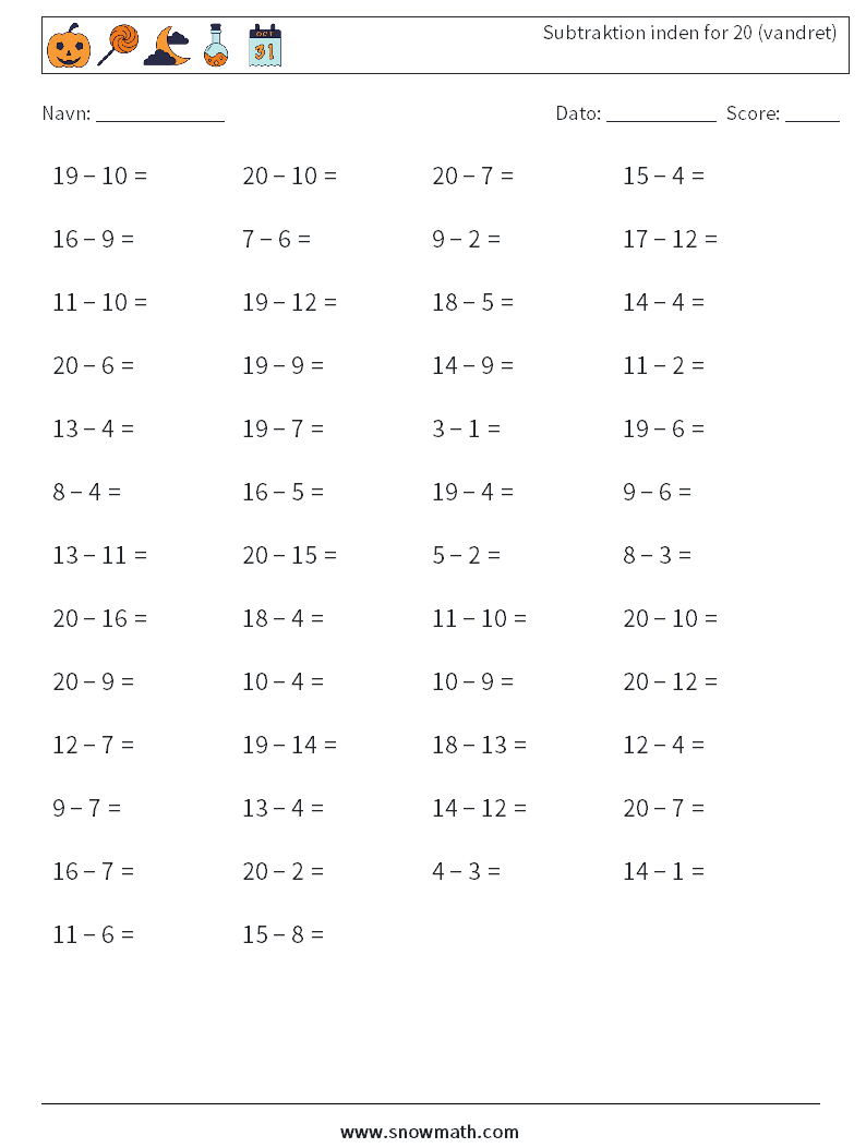 (50) Subtraktion inden for 20 (vandret) Matematiske regneark 6