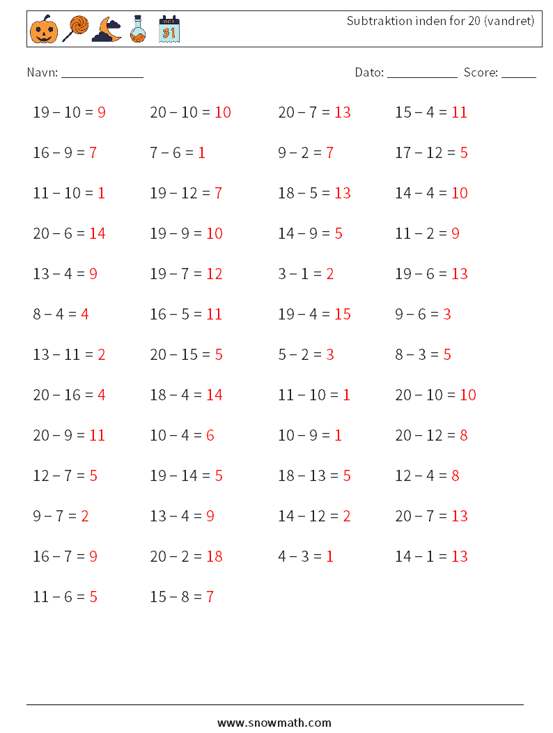 (50) Subtraktion inden for 20 (vandret) Matematiske regneark 6 Spørgsmål, svar