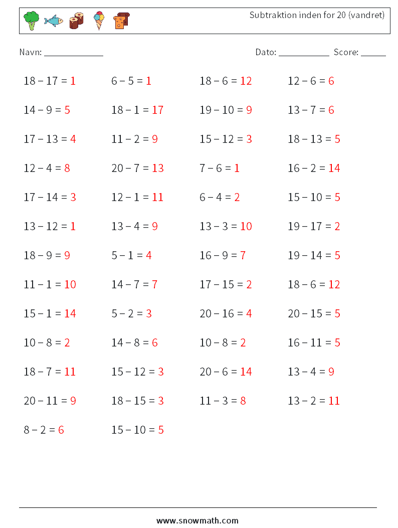 (50) Subtraktion inden for 20 (vandret) Matematiske regneark 7 Spørgsmål, svar