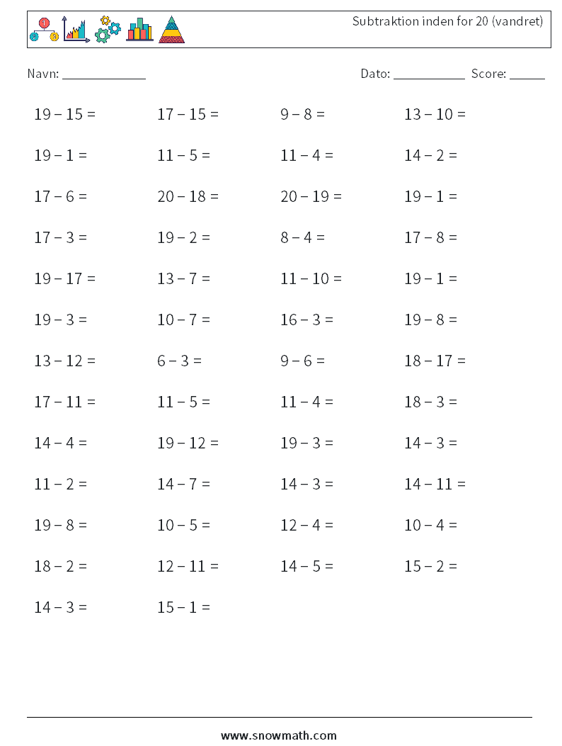 (50) Subtraktion inden for 20 (vandret) Matematiske regneark 8