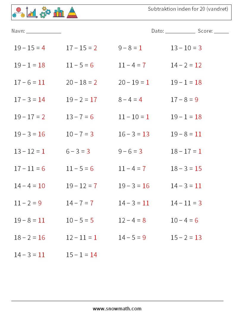 (50) Subtraktion inden for 20 (vandret) Matematiske regneark 8 Spørgsmål, svar