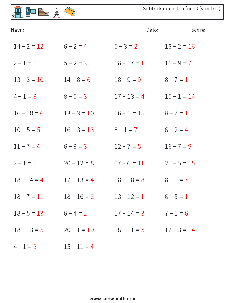 (50) Subtraktion inden for 20 (vandret) Matematiske regneark 9 Spørgsmål, svar