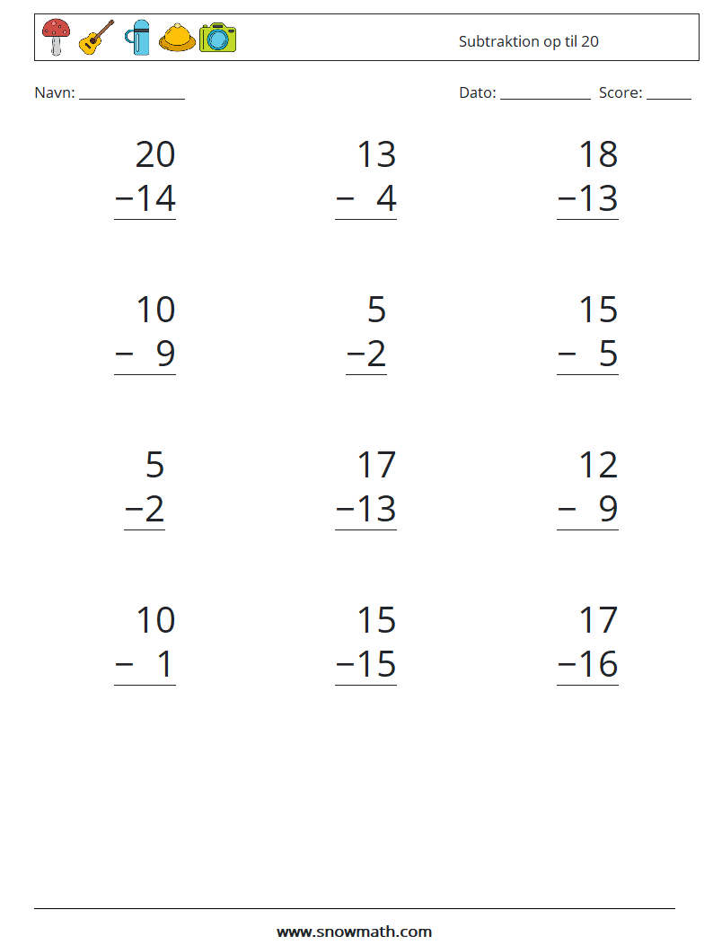(12) Subtraktion op til 20 Matematiske regneark 7