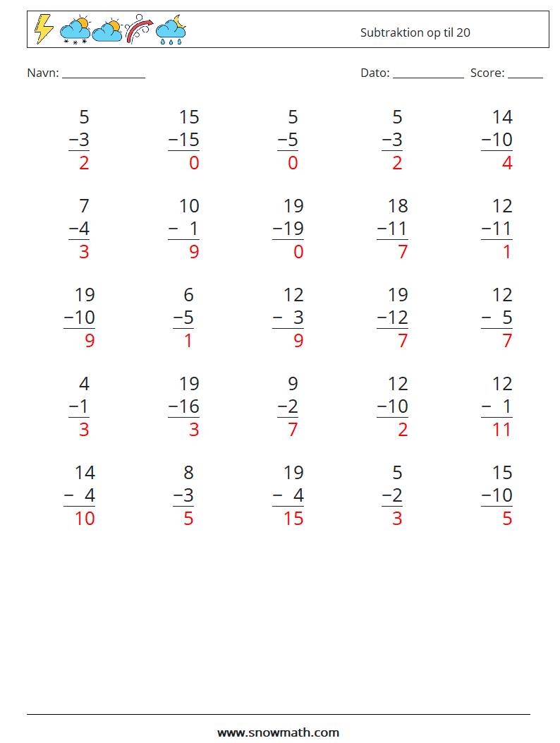 (25) Subtraktion op til 20 Matematiske regneark 8 Spørgsmål, svar